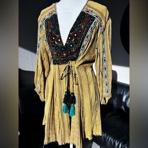 Free People Mustard Yellow Embroidered V-Neck Tunic
